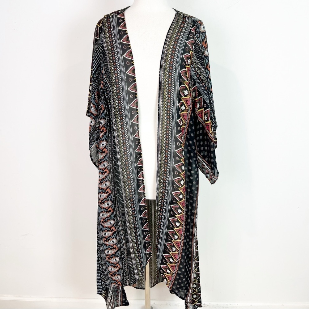VERONICA M BLACK ORANGE PAISLEY PATTERN BOHO KIMONO COVER UP SZ MEDIUM